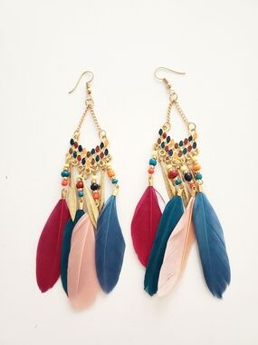 Boho Feather Drop Earrings - Multi-Color